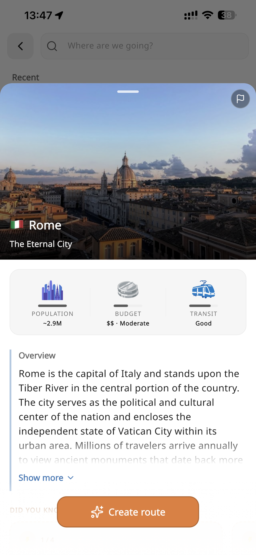 City card for Rome in Walky: photo, population, budget, transit