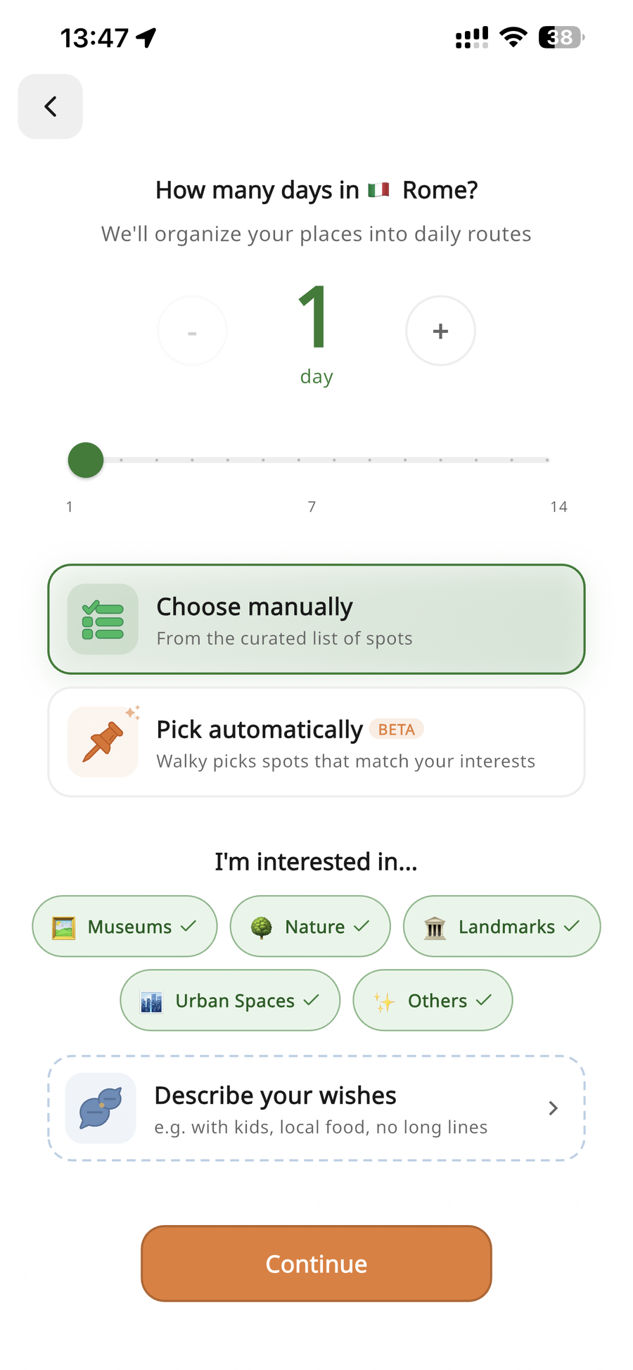 Route setup in Walky: days, choose manually or automatically, interests, describe your wishes