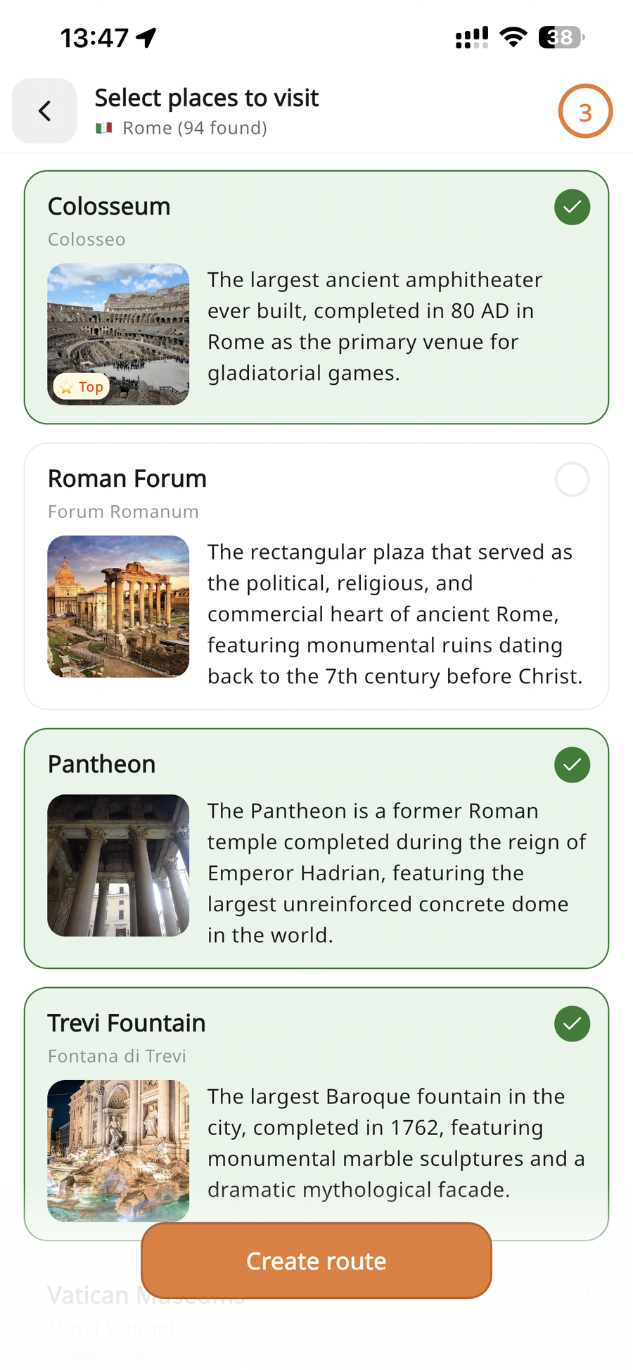 Selecting places to visit in Rome in Walky, 94 found