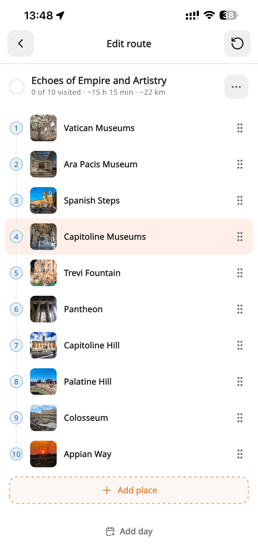 Editing a Rome route in Walky: ten stops in order with drag handles, add place, add day