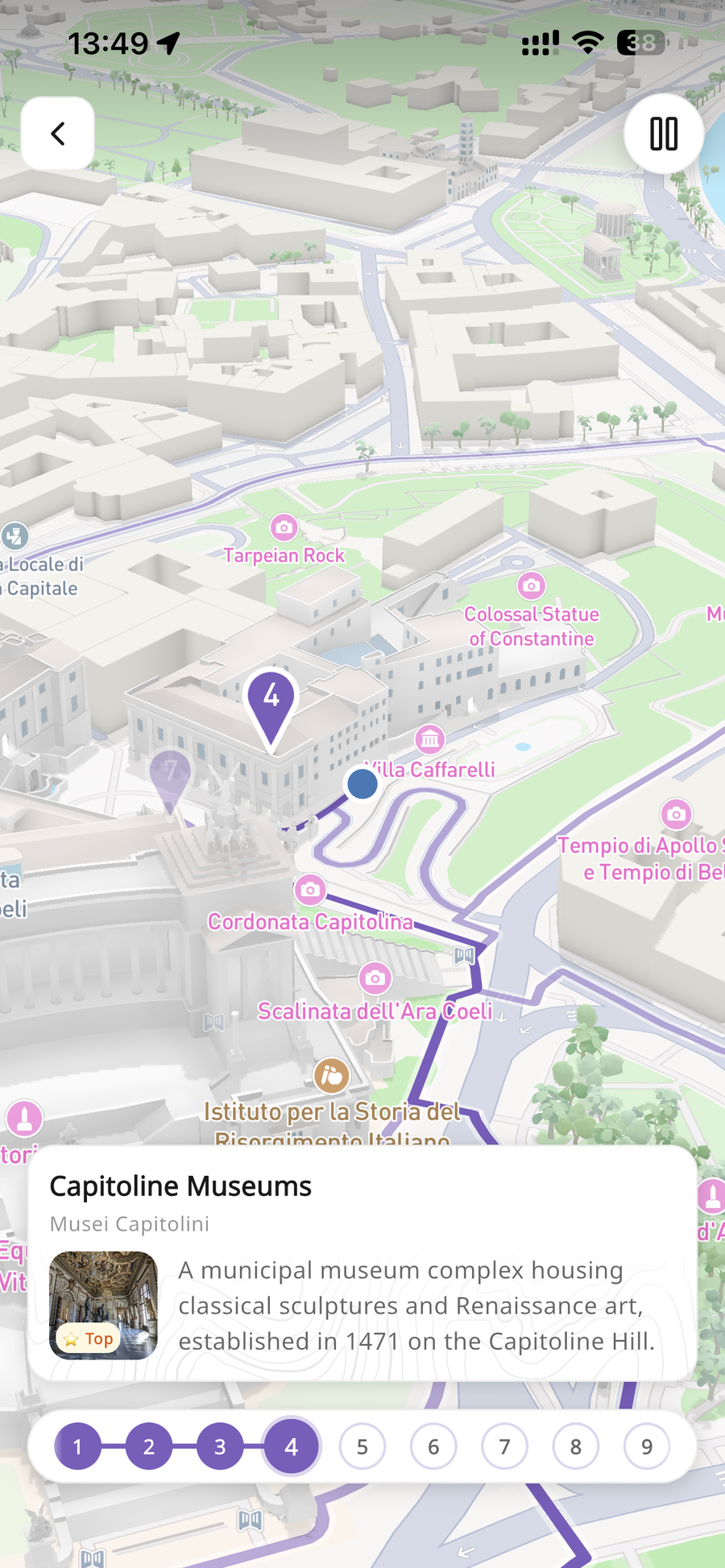 Walking a Rome route on a 3D map in Walky, stop 4 Capitoline Museums, day stepper 1 to 9