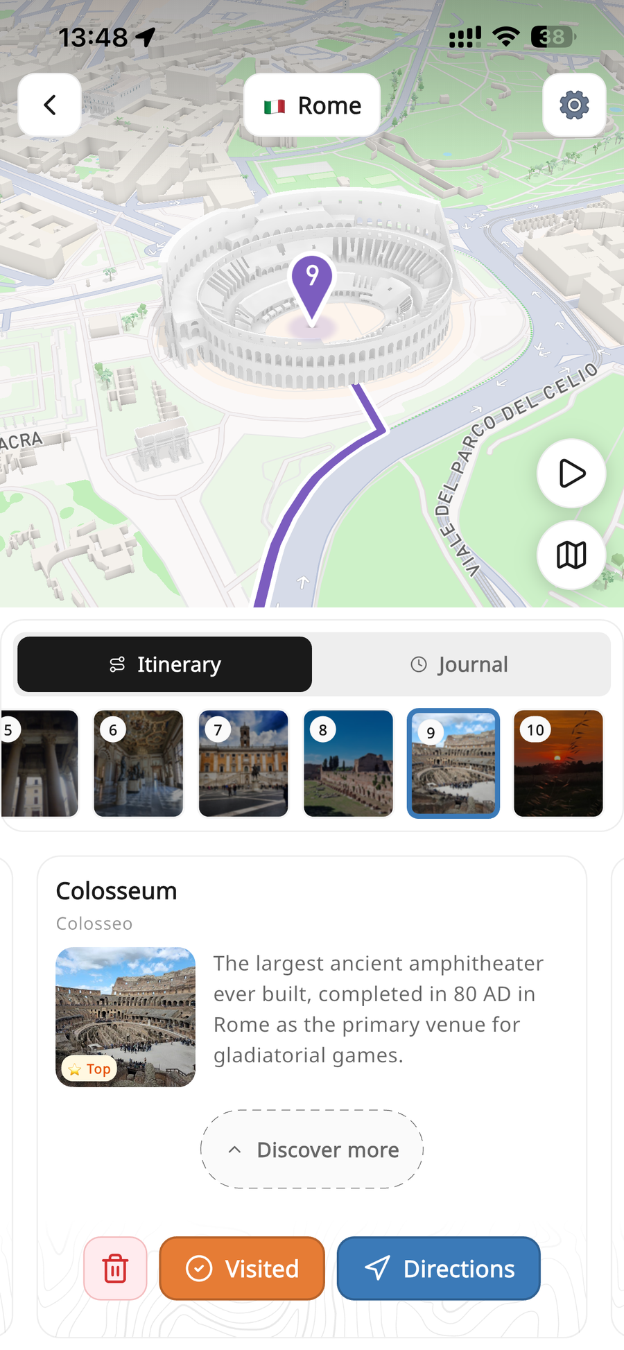 Walky route on a 3D map of Rome, stop 9 of 10 at the Colosseum